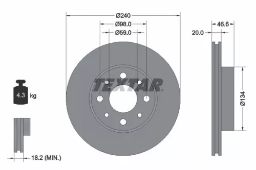 2x Textar Front Vented Brake Discs Pair For Fiat Palio Siena