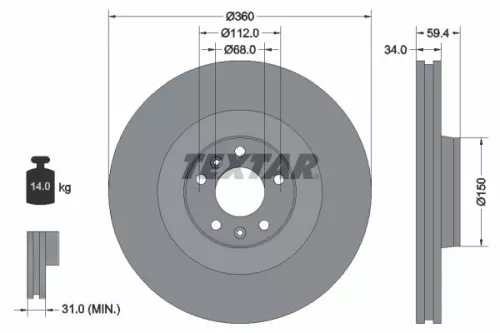 2x Textar Vented Brake Discs Pair