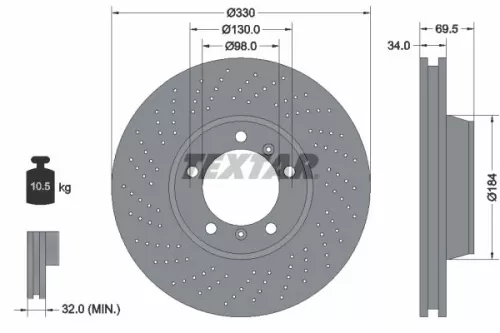 Textar Single Front Left Perforated Brake Disc For Porsche 718 Boxster 718 Cayman 9
