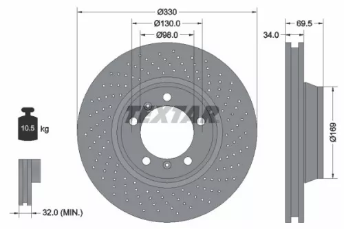 Textar Single Front Right Perforated Brake Disc For Porsche 718 Boxster 718 Cayman 