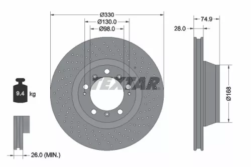 Textar Single Rear Right Perforated Brake Disc For Porsche 911                     