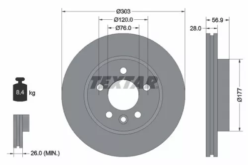 2x Textar Vented Brake Discs Pair