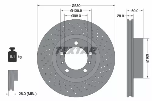 Textar Single Front Right Perforated Brake Disc For Porsche 718 Boxster 718 Cayman 