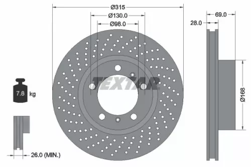 Textar Single Front Left Perforated Brake Disc For Porsche Boxster Cayman          