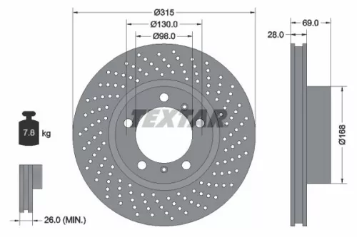 Textar Single Front Right Perforated Brake Disc For Porsche Boxster Cayman         