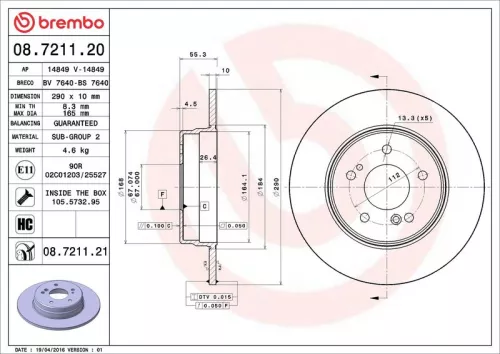 BREMBO BREMBO 08.7211.21 2x Rear Solid Brake Discs 290mm Fits Mercedes C-Class Clc-Class Clk E-Class Slk 