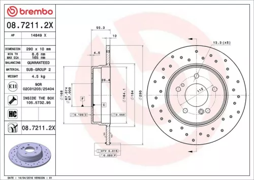 BREMBO BREMBO 08.7211.2X 2x Pair Rear Solid Brake Discs 290mm Fits Mercedes C-Class Clc-Class Clk E-Class 