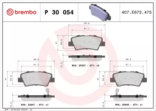 Brembo P30054 Rear Brake Pad Set Fits Hyundai Kia Kg Mobility Ssangyong Grandeur