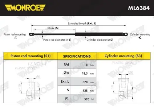 MONROE MONROE ML6384 Monroe ML6384 Rear Boot Tailgate Gas Strut Fits Toyota Auris 